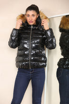 Wet Look Puffer Hooded Jacket with Faux Fur - AX Labels