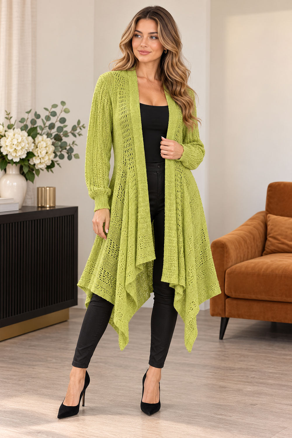 Women’s Ladies Long Sleeve Fishnet Waterfall Cardigan