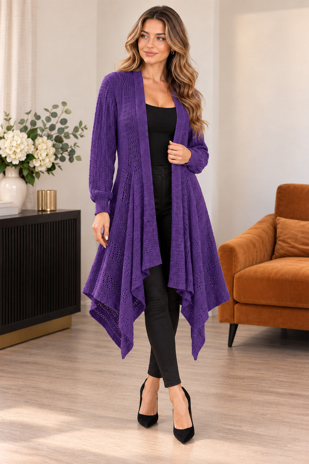 Women’s Ladies Long Sleeve Fishnet Waterfall Cardigan