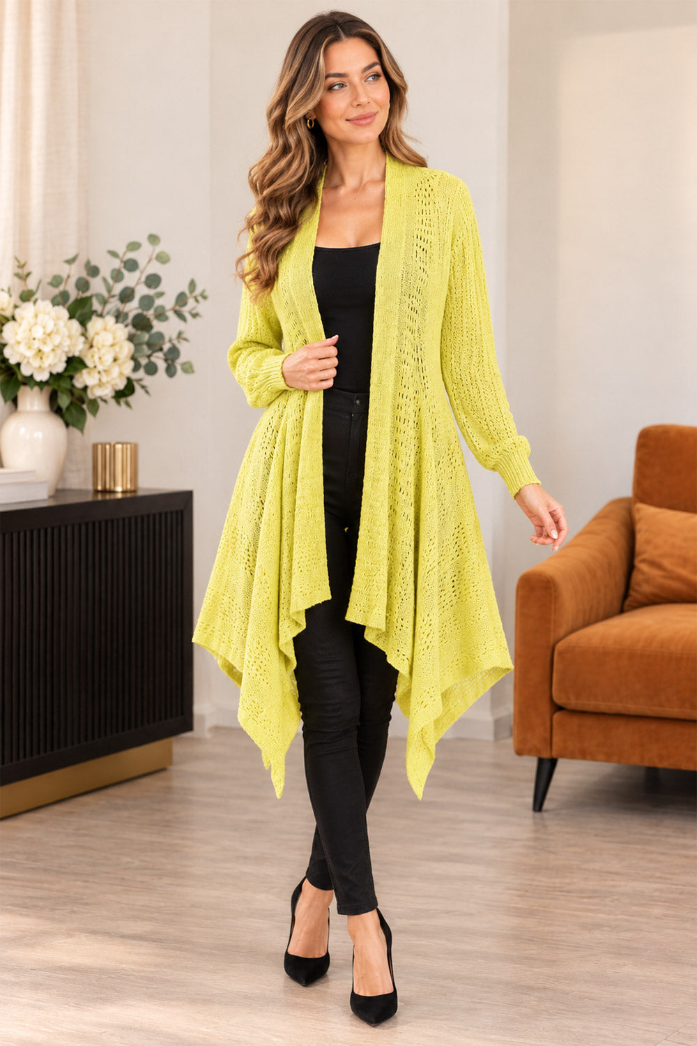 Women’s Ladies Long Sleeve Fishnet Waterfall Cardigan