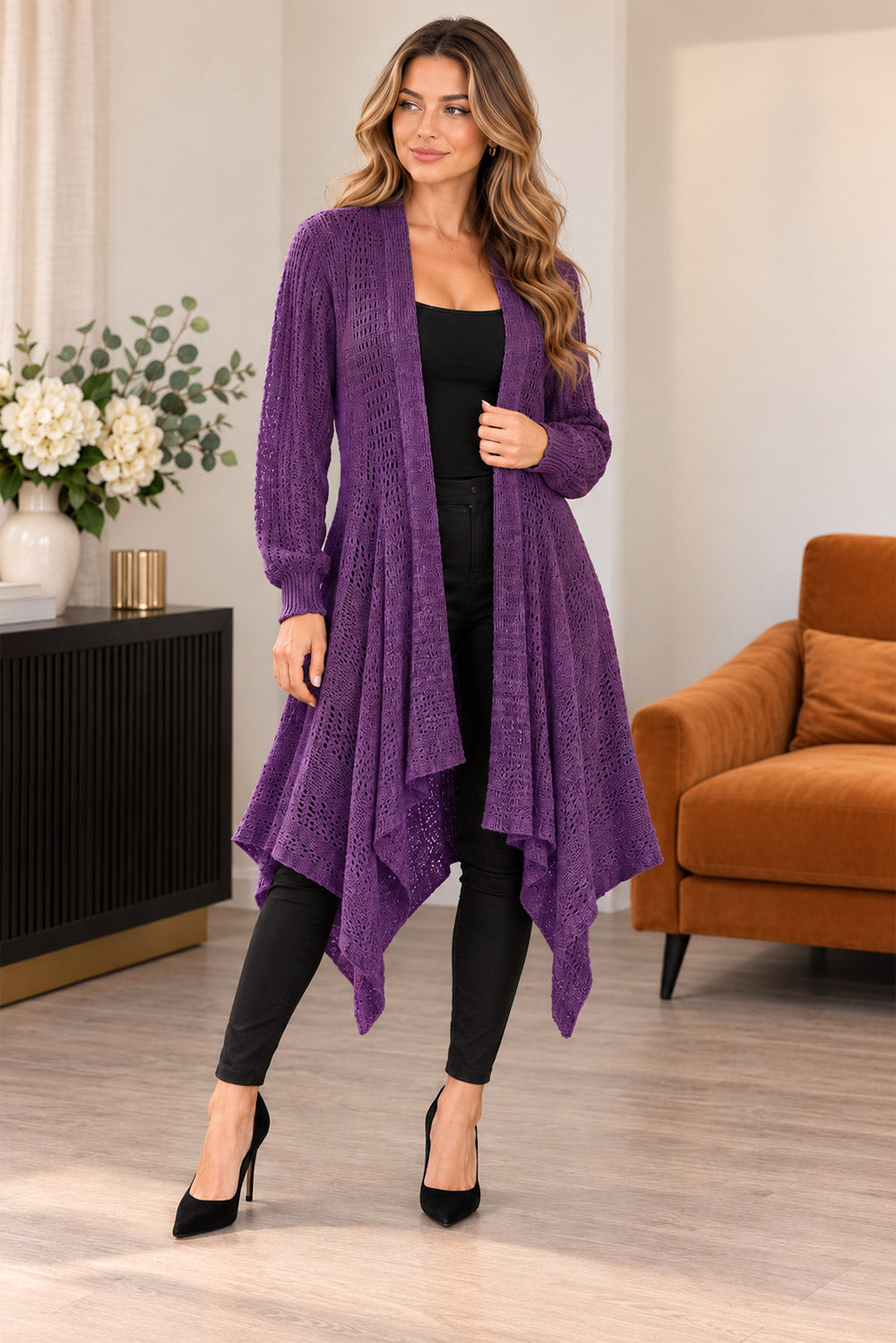 Women’s Ladies Long Sleeve Fishnet Waterfall Cardigan