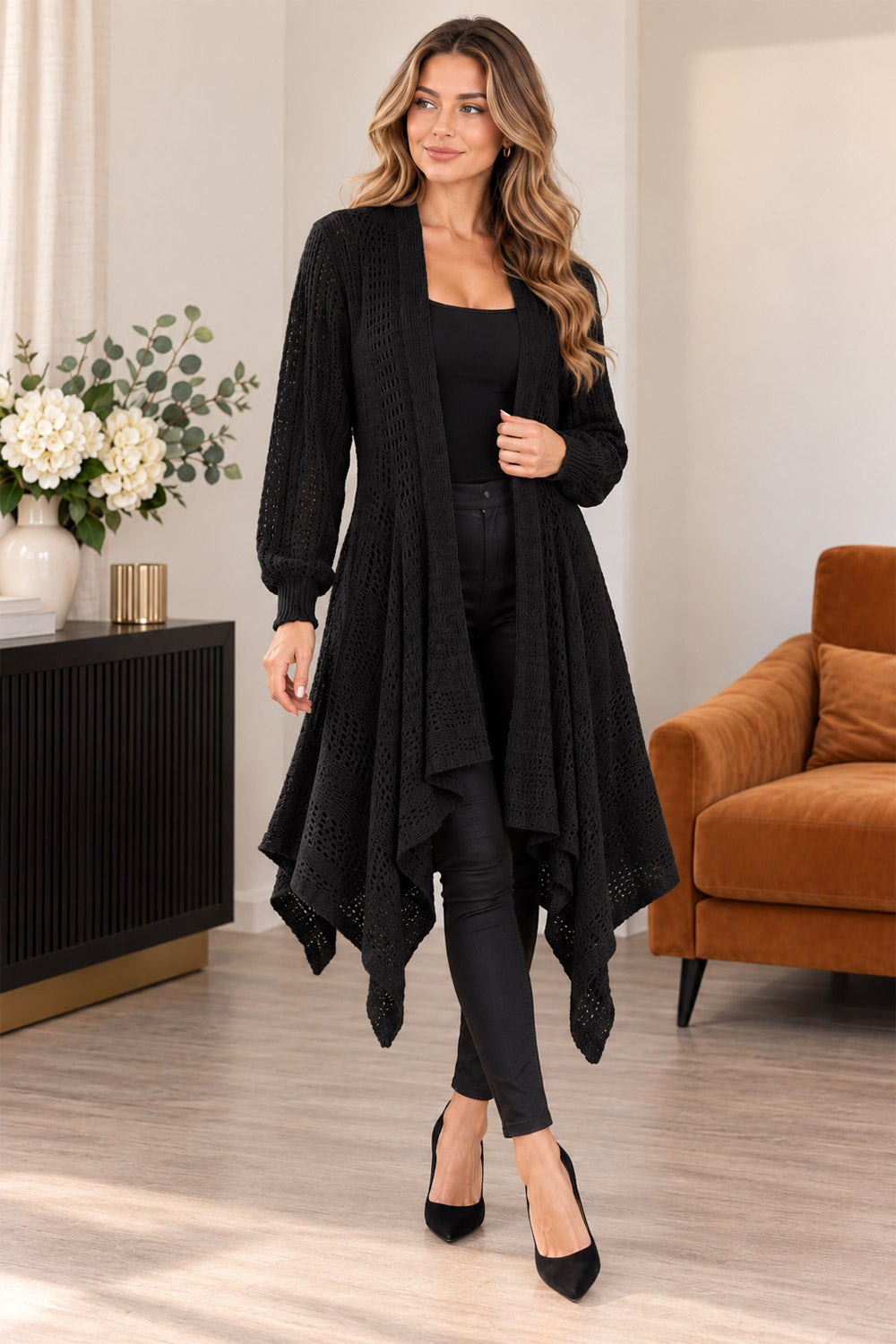 Women’s Ladies Long Sleeve Fishnet Waterfall Cardigan