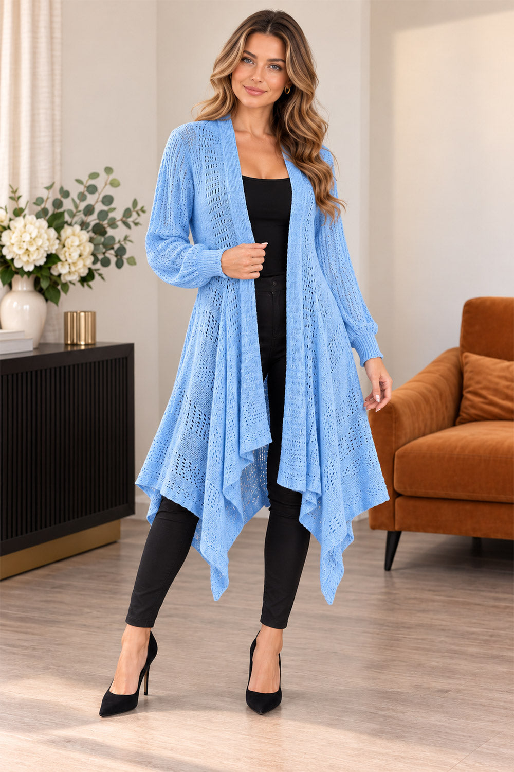 Women’s Ladies Long Sleeve Fishnet Waterfall Cardigan