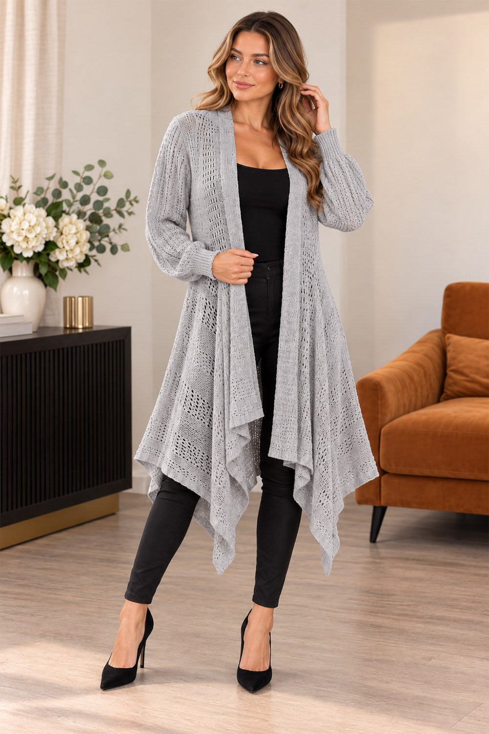 Women’s Ladies Long Sleeve Fishnet Waterfall Cardigan