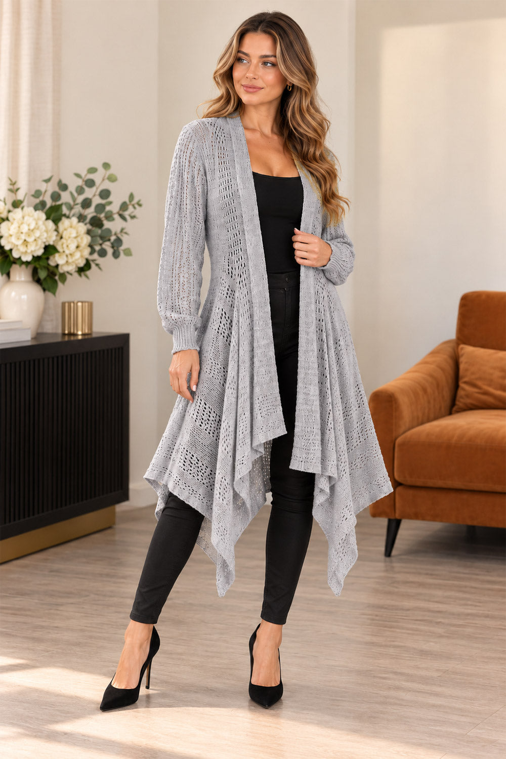 Women’s Ladies Long Sleeve Fishnet Waterfall Cardigan