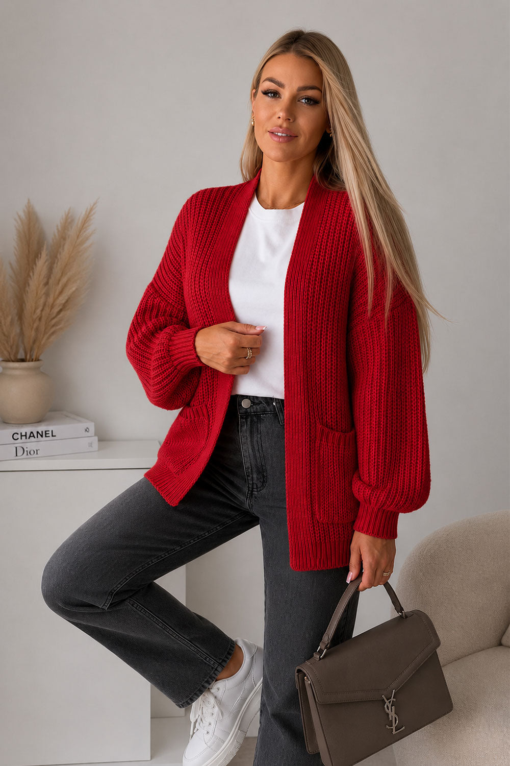 Ladies Over-sized Cropped Short Balloon Pocket Knitted Cardigan