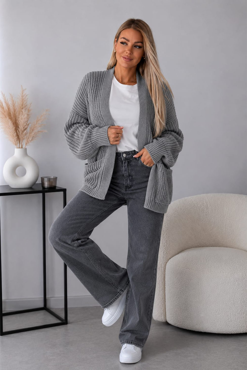 Womens Crop Balloon Pocket Cardigan