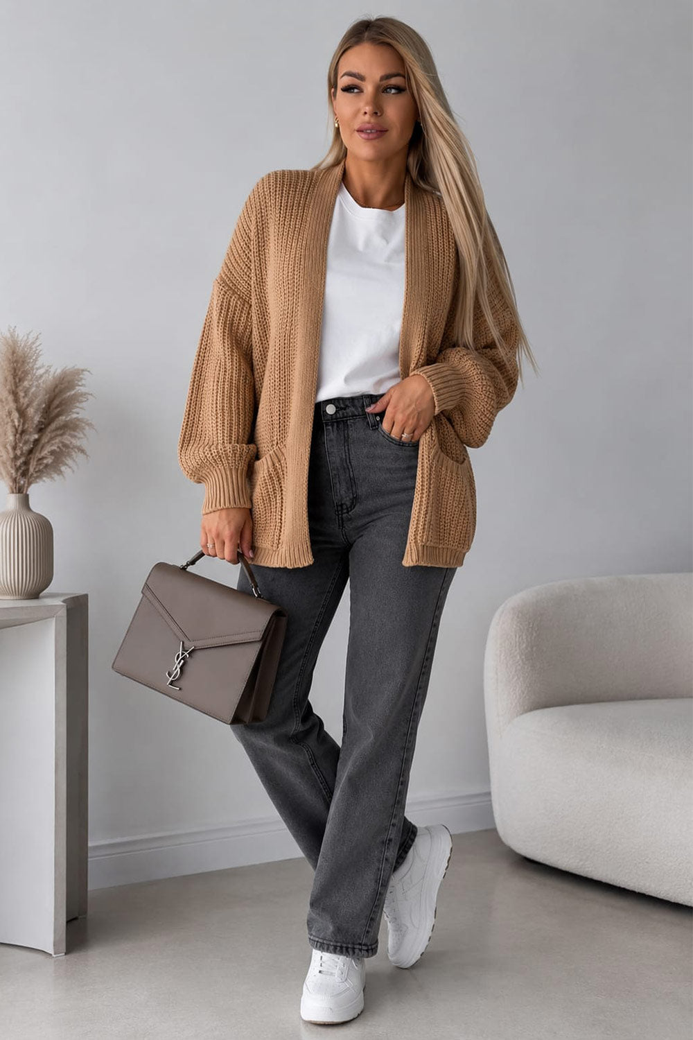 Womens Crop Balloon Pocket Cardigan