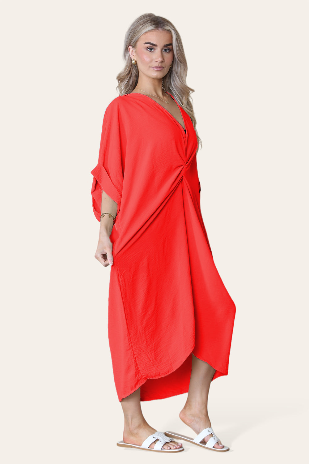 Womens V-Neck Tie Knotted Twisted Front Oversized Longline Midi Dress - AX Labels