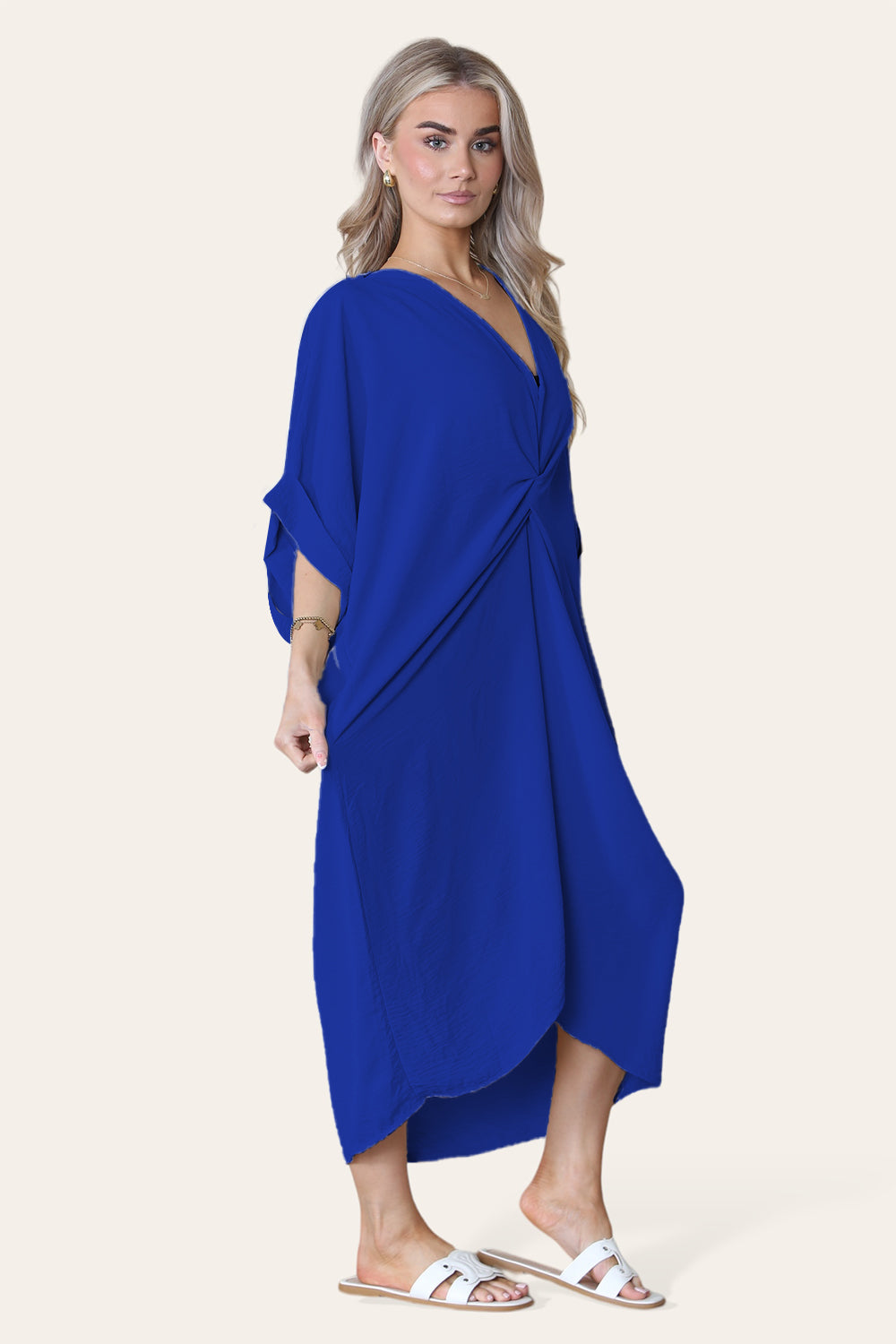 Womens V-Neck Tie Knotted Twisted Front Oversized Longline Midi Dress - AX Labels