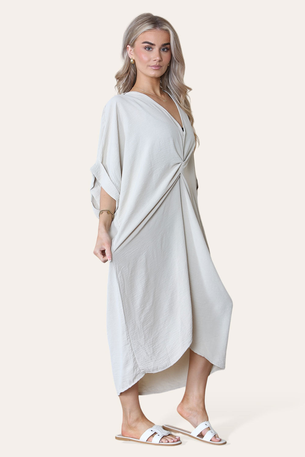 Womens V-Neck Tie Knotted Twisted Front Oversized Longline Midi Dress - AX Labels