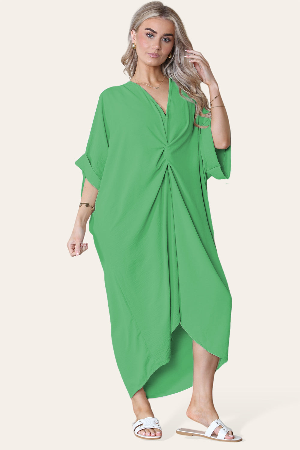 Womens V-Neck Tie Knotted Twisted Front Oversized Longline Midi Dress - AX Labels