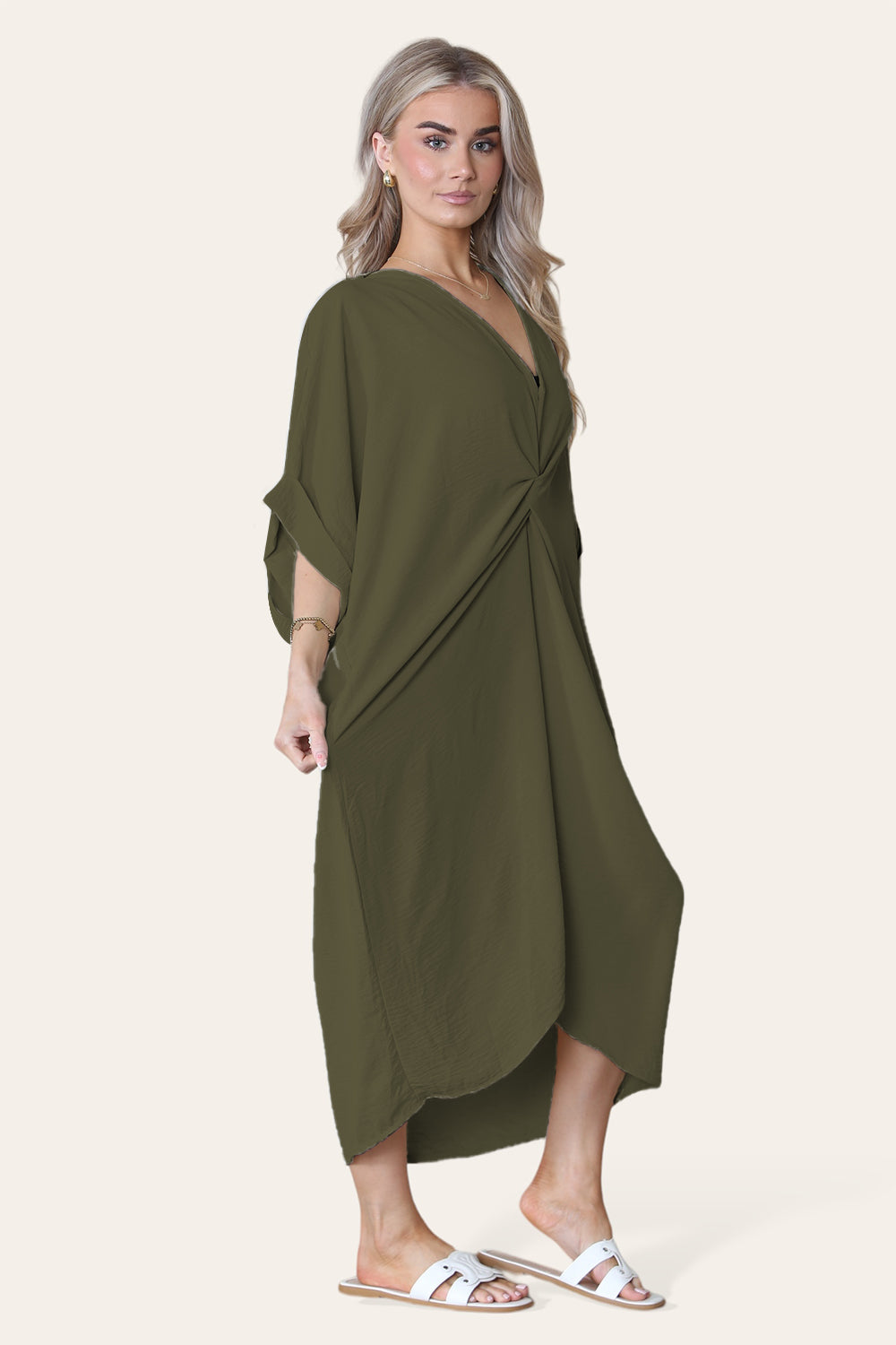 Womens V-Neck Tie Knotted Twisted Front Oversized Longline Midi Dress - AX Labels