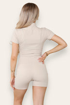 Zip Front Cap Sleeves Ribbed Unitard Shorts Set