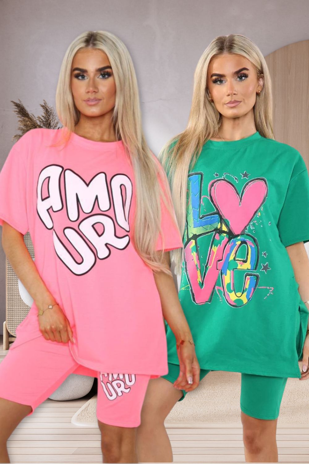 Cycling Short and T-Shirts Co-Ord Two Piece Side Slit Set with Front Printed Slogan - AX Labels