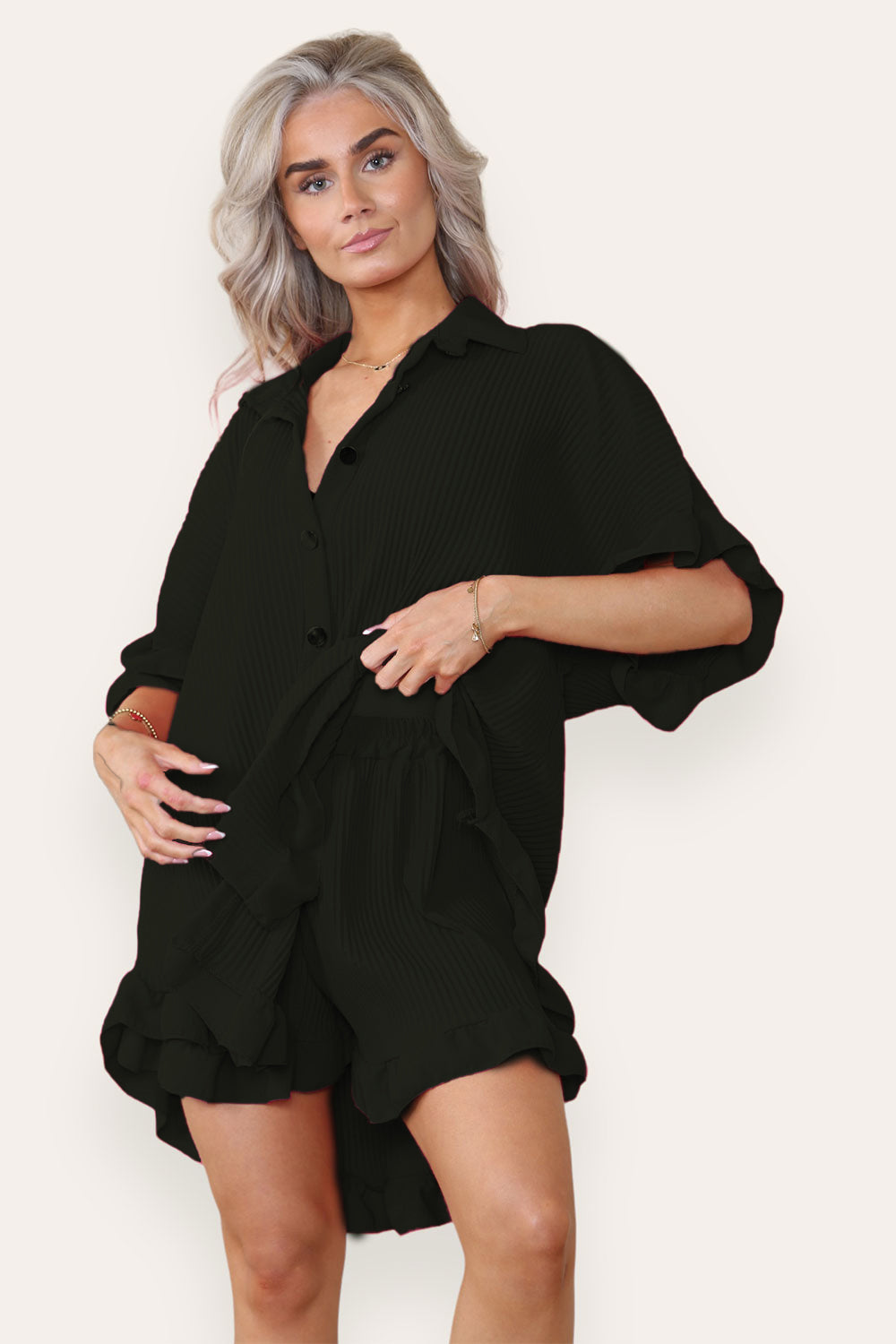 Women’s Casual Oversized Gold Button Pleated Frilled Ruffle Short Sleeves Shirt Top and Short Co-Ord Set - AX Labels