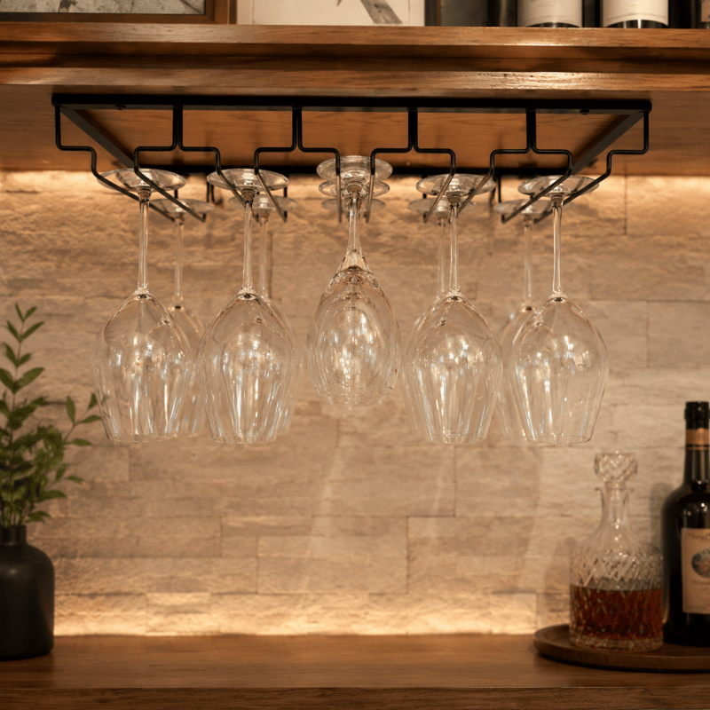 5 Slot Under Cabinet Wine Glass Rack Black Metal Stemware Holder Storage Organiser for Home Bar
