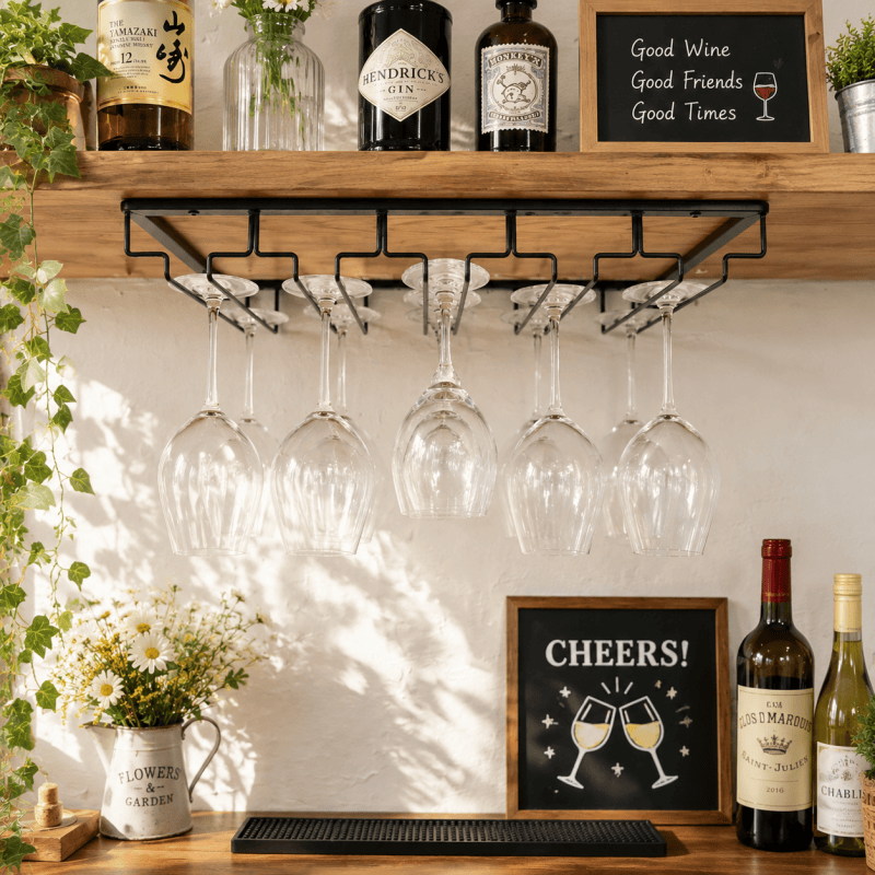 5 Slot Under Cabinet Wine Glass Rack Black Metal Stemware Holder Storage Organiser for Home Bar
