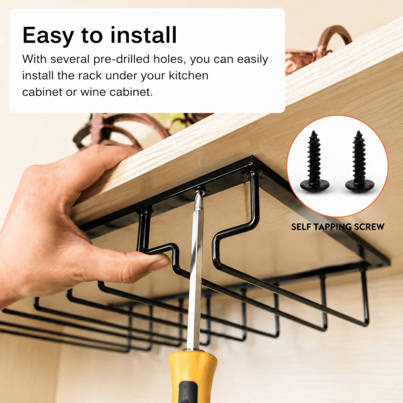 5 Slot Under Cabinet Wine Glass Rack Black Metal Stemware Holder Storage Organiser for Home Bar