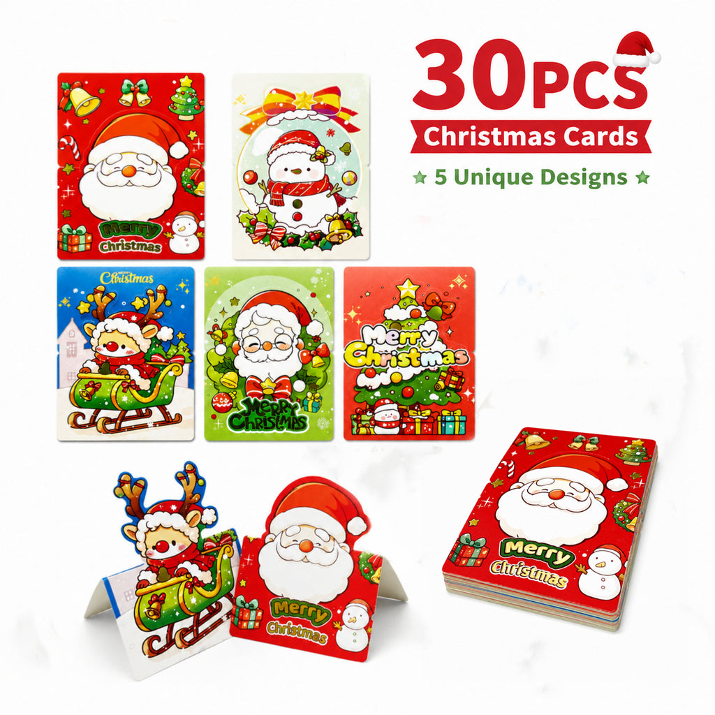 30pcs Christmas Cards 5 Designs 3D Fold-Out Xmas Greeting Cards Kids Party