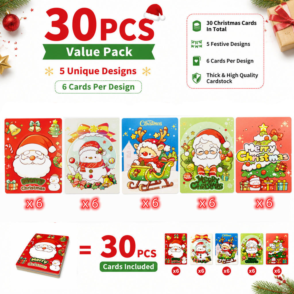 30pcs Christmas Cards 5 Designs 3D Fold-Out Xmas Greeting Cards Kids Party