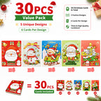 30pcs Christmas Cards 5 Designs 3D Fold-Out Xmas Greeting Cards Kids Party