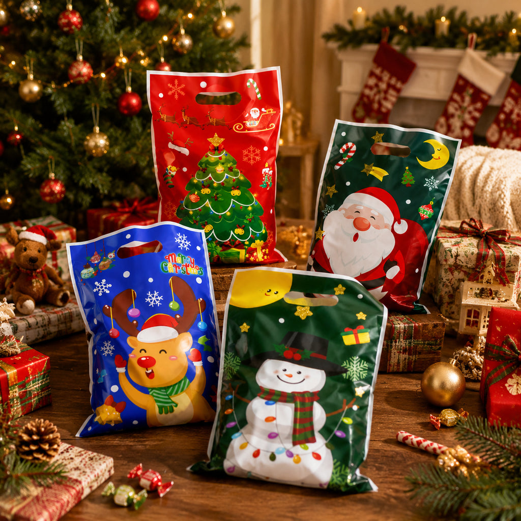 50pcs Christmas Gift Bags 4 Designs Santa Snowman Party Loot Sweet Bags 25x16cm