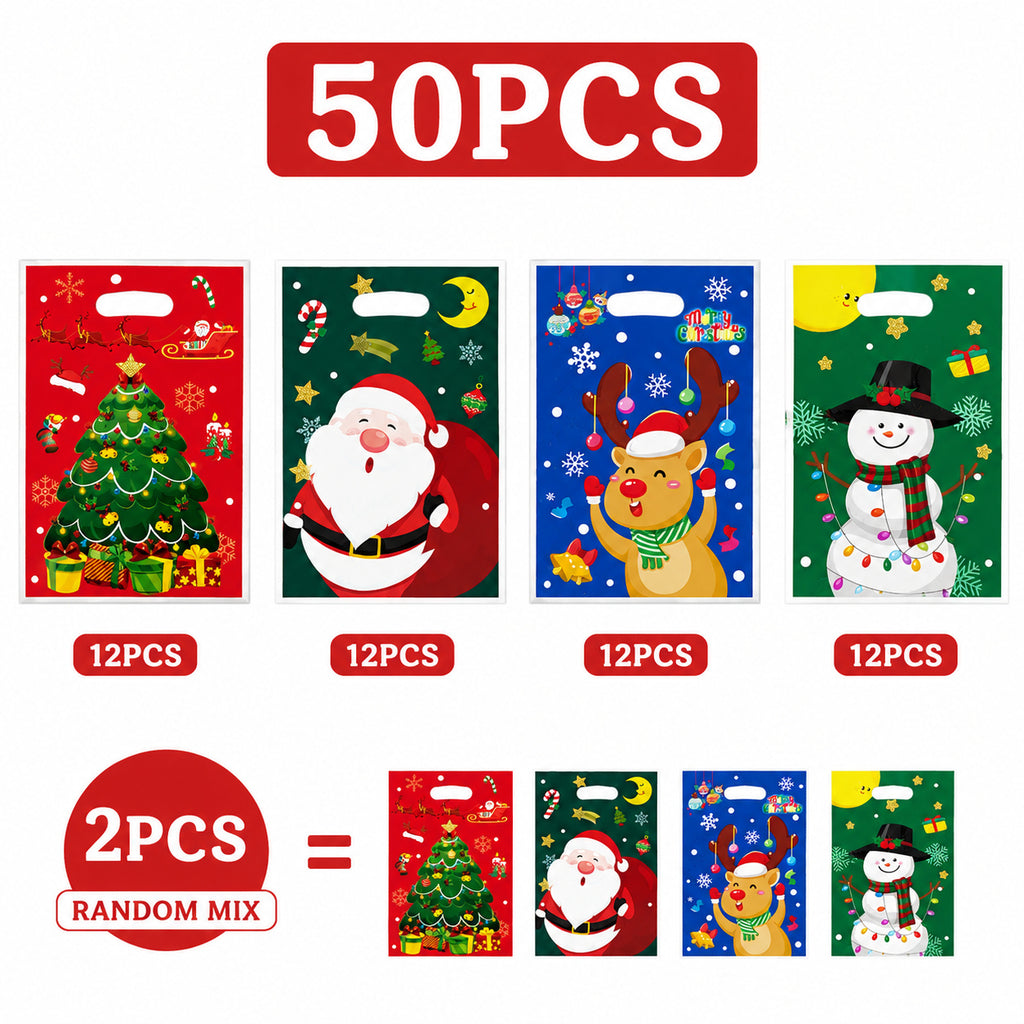 50pcs Christmas Gift Bags 4 Designs Santa Snowman Party Loot Sweet Bags 25x16cm