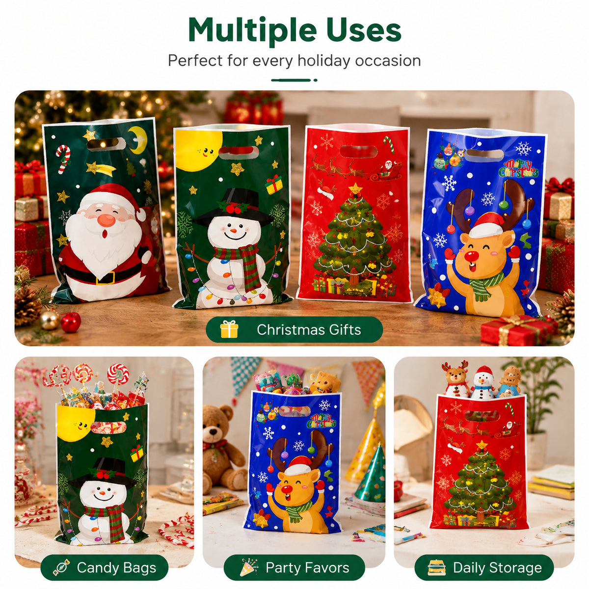 50pcs Christmas Gift Bags 4 Designs Santa Snowman Party Loot Sweet Bags 25x16cm