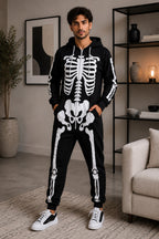 New Ladies Mens Halloween Skeleton Hooded Costume Scary Zip Up All In One unisex Jumpsuit