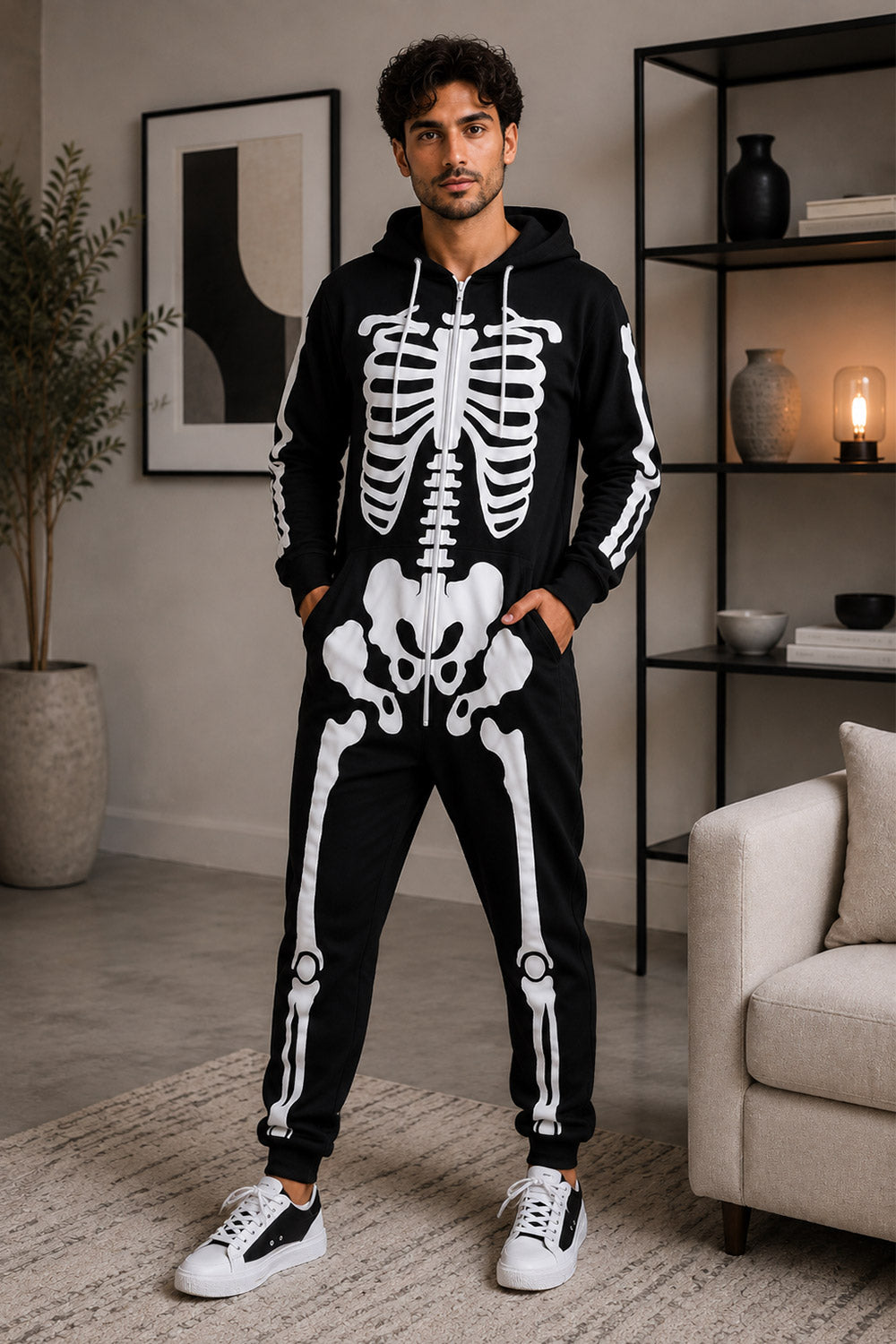 New Ladies Mens Halloween Skeleton Hooded Costume Scary Zip Up All In One unisex Jumpsuit