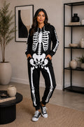 New Ladies Mens Halloween Skeleton Hooded Costume Scary Zip Up All In One unisex Jumpsuit