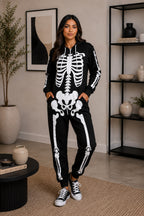 New Ladies Mens Halloween Skeleton Hooded Costume Scary Zip Up All In One unisex Jumpsuit