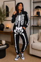 New Ladies Mens Halloween Skeleton Hooded Costume Scary Zip Up All In One unisex Jumpsuit