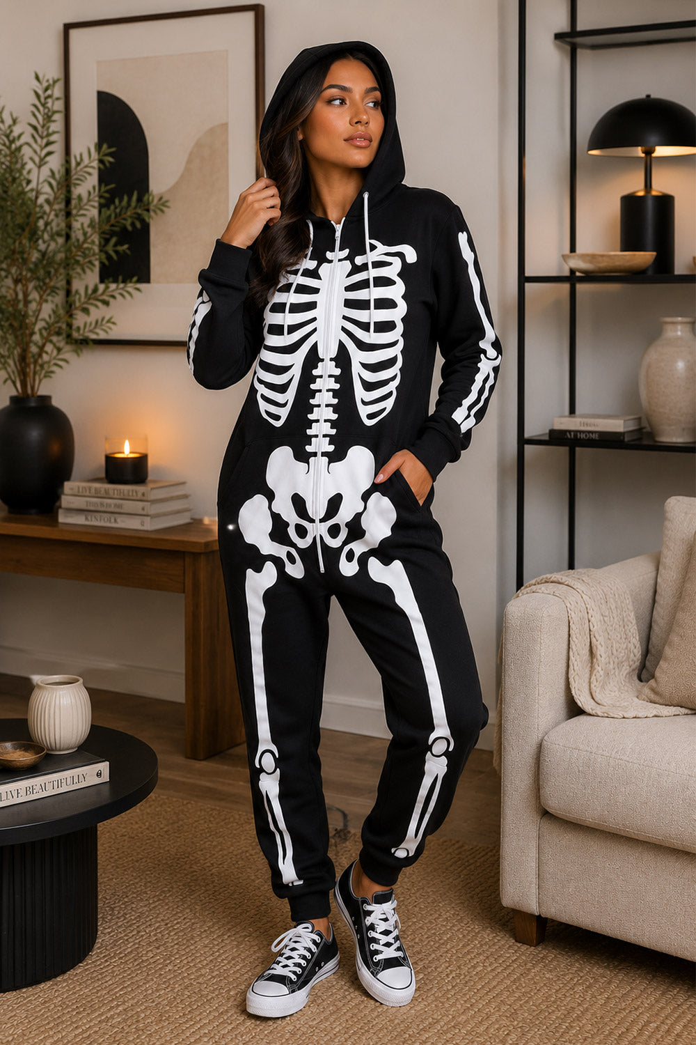New Ladies Mens Halloween Skeleton Hooded Costume Scary Zip Up All In One unisex Jumpsuit