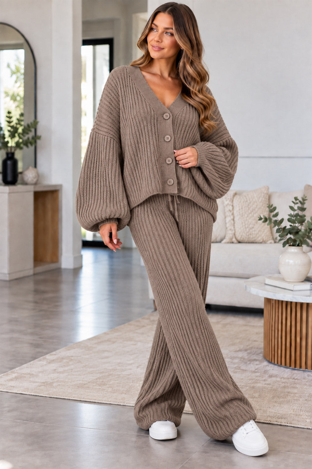 Ladies Balloon Sleeve Button Cardigan Wide Leg 2pcs Knitted Suit