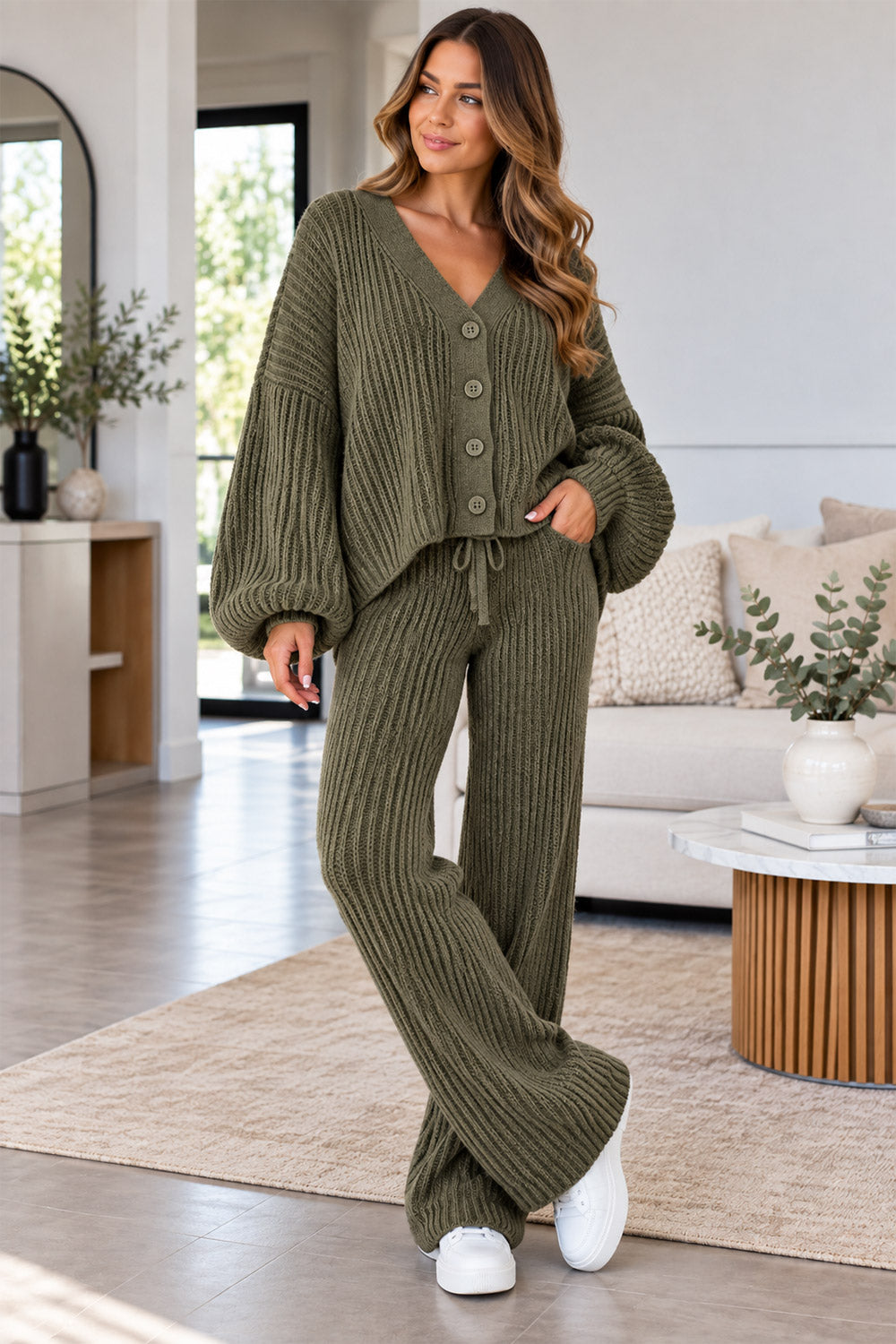 Ladies Balloon Sleeve Button Cardigan Wide Leg 2pcs Knitted Suit