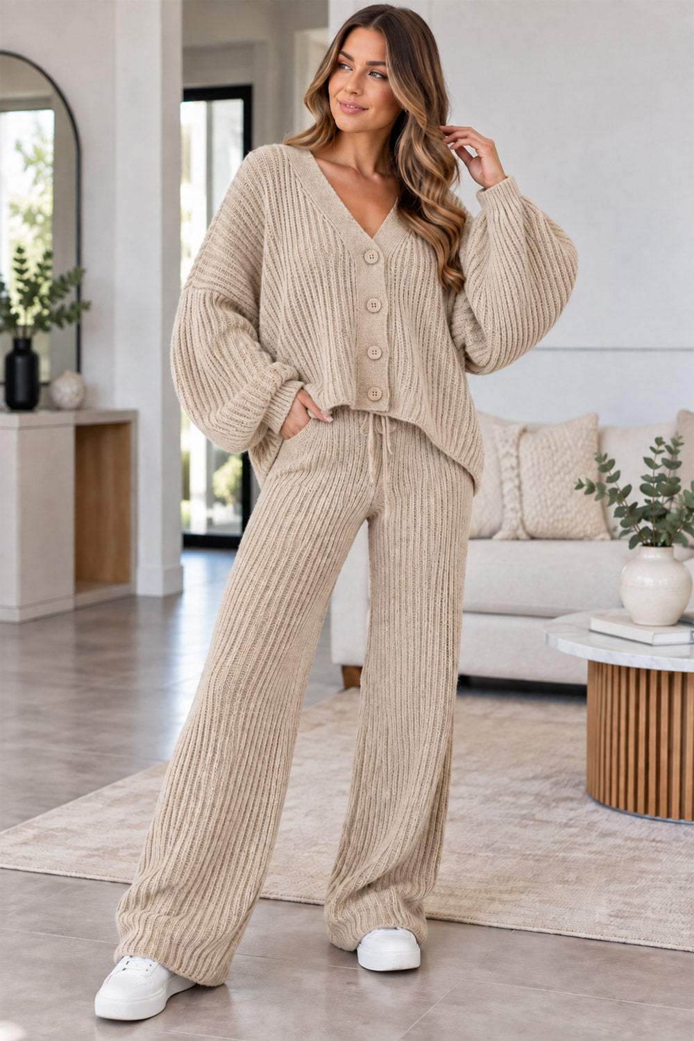 Ladies Balloon Sleeve Button Cardigan Wide Leg 2pcs Knitted Suit