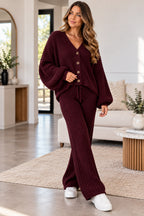 Ladies Balloon Sleeve Button Cardigan Wide Leg 2pcs Knitted Suit