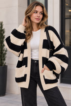 Ladies Balloon Sleeve Stripe Knitted Cardigan