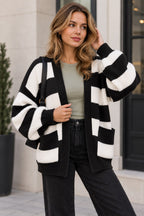 Ladies Balloon Sleeve Stripe Knitted Cardigan