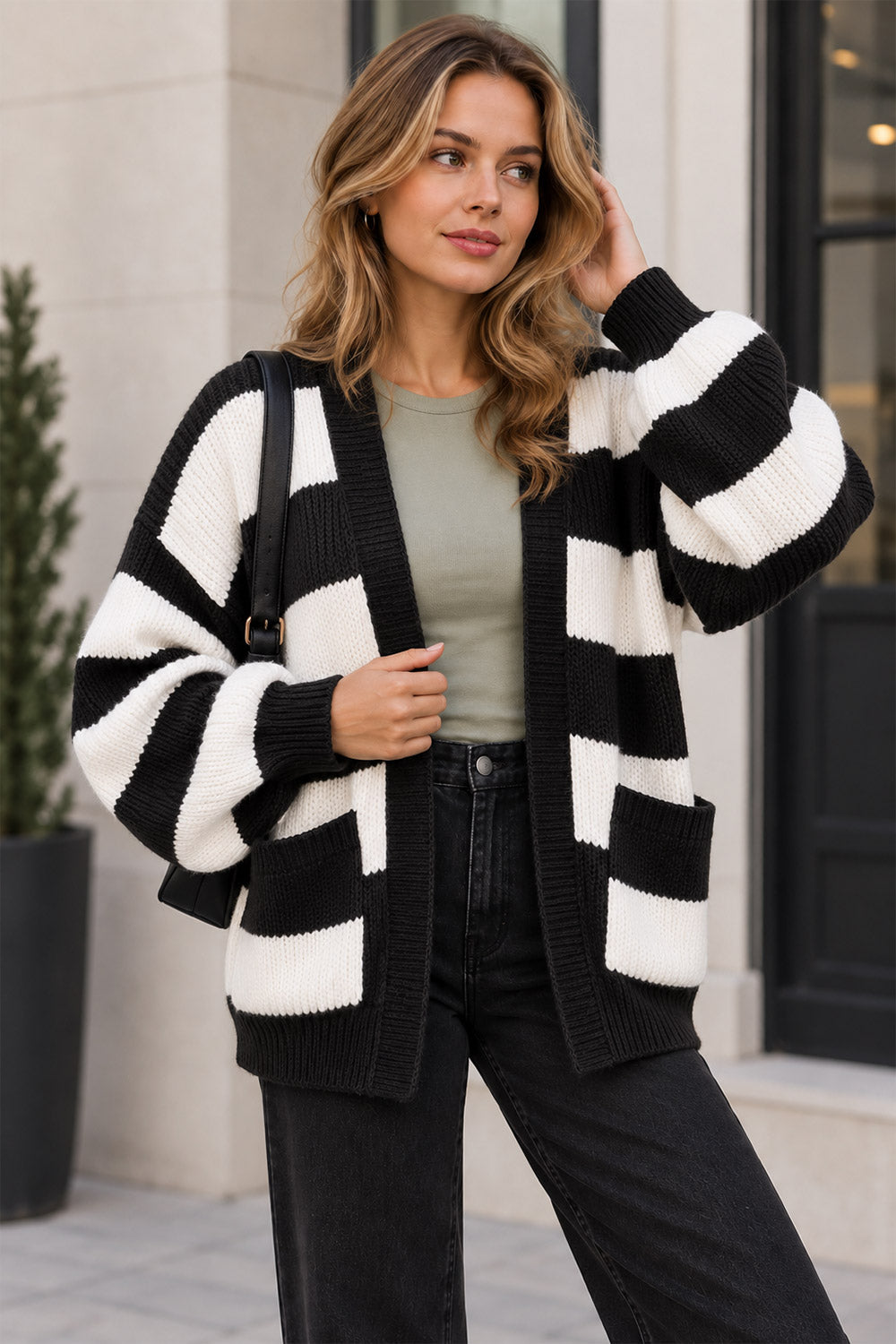 Ladies Balloon Sleeve Stripe Knitted Cardigan