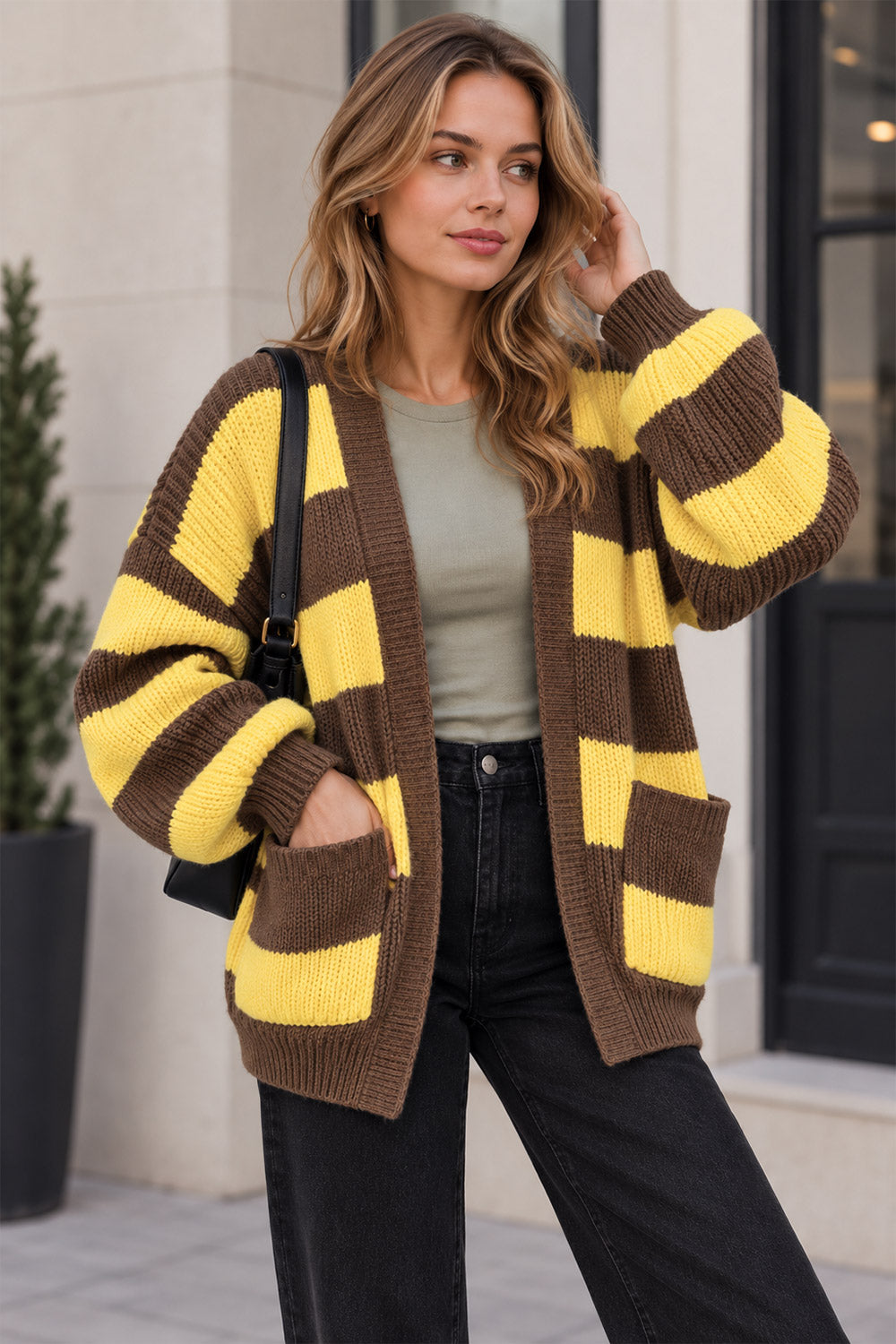 Ladies Balloon Sleeve Stripe Knitted Cardigan