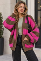 Ladies Balloon Sleeve Stripe Knitted Cardigan
