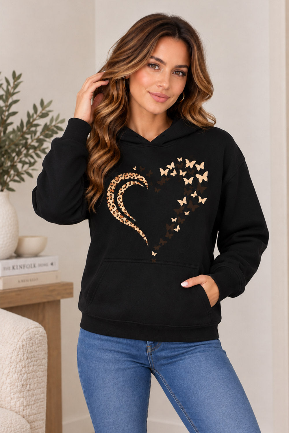 Ladies Leopard Heart Butterfly Print Oversize Hoodie Sweatshirt