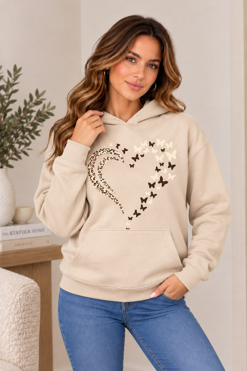 Ladies Leopard Heart Butterfly Print Oversize Hoodie Sweatshirt