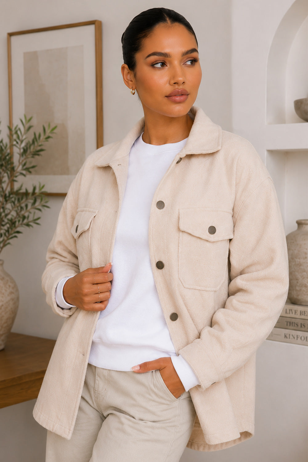 Ladies Long Sleeve Button Up Shacket