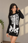 Ladies Skeleton Halloween Long Sleeve Bodycon Tshirt Dress