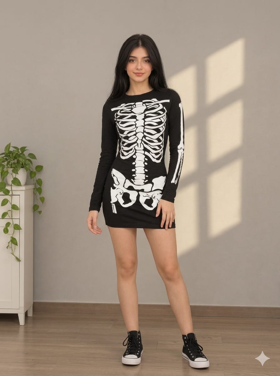 Ladies Skeleton Halloween Long Sleeve Bodycon Tshirt Dress