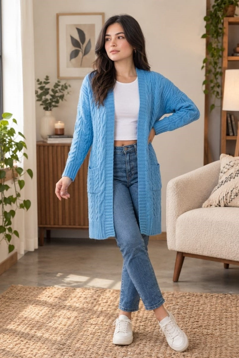 Women's Oversize Baggy Chunky Cable Knitted Pocket Long Cape Cardigan